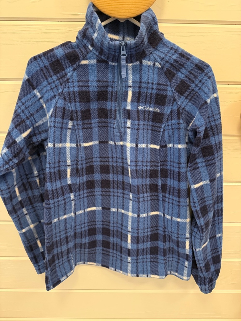 Rare Columbia Blue and Navy Plaid Raglan Style Fleece Half-Zip Pullover